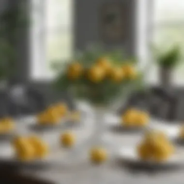 Stylish centerpiece featuring fake lemons and greenery on a dining table