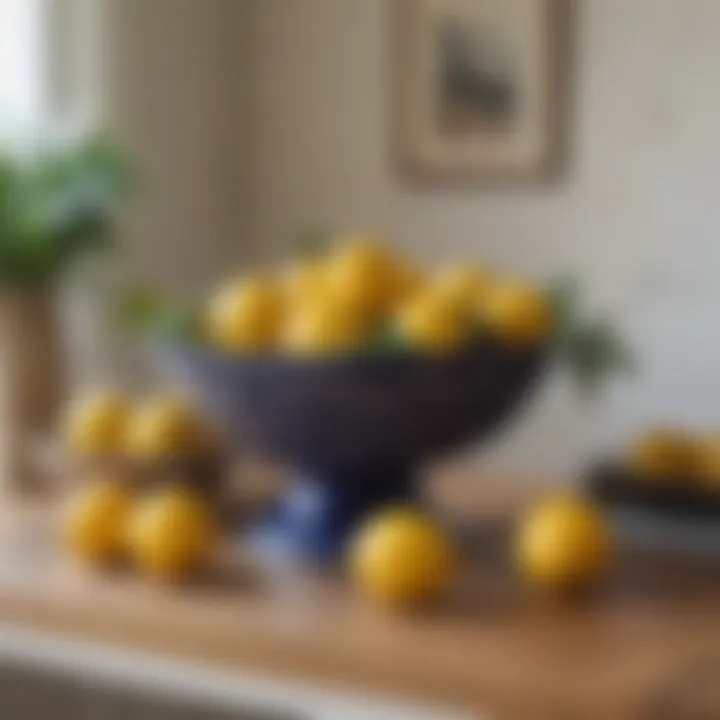 Charming decorative bowl filled with faux lemons and other fruits on a shelf