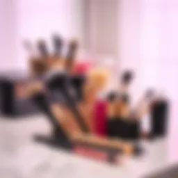 A compact collection of mini travel size makeup brushes displayed on a marble countertop.