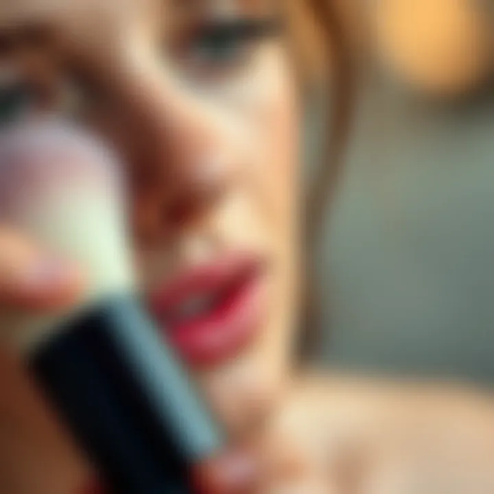 A close-up view of a mini foundation brush expertly applying makeup on a flawless complexion.