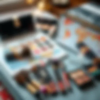 A chic travel setup featuring mini makeup brushes alongside beauty essentials and a travel guide.