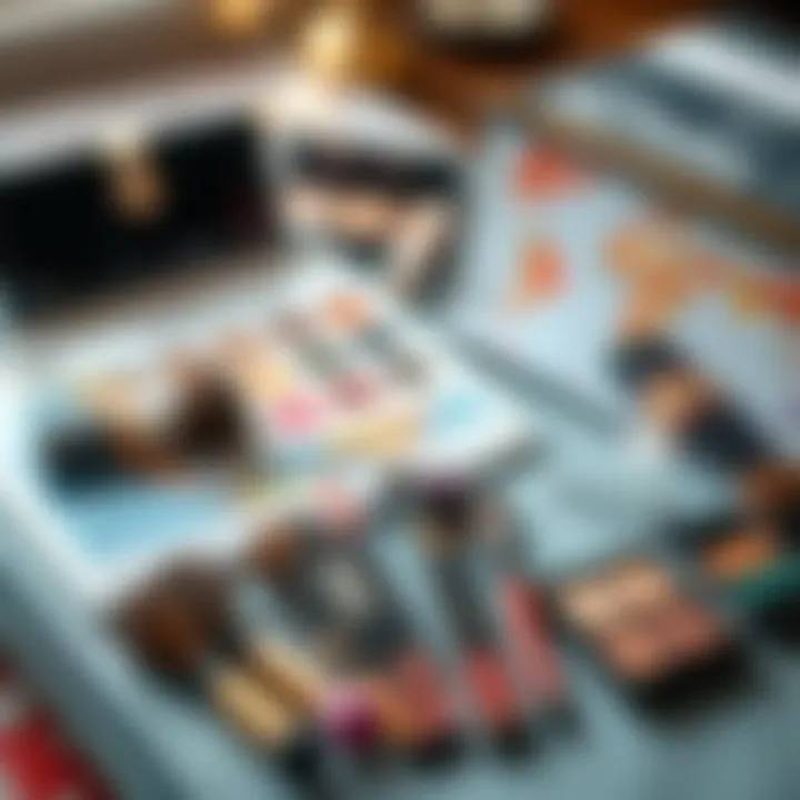 A chic travel setup featuring mini makeup brushes alongside beauty essentials and a travel guide.