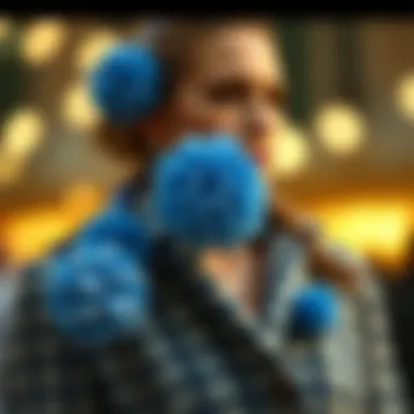 A stylish outfit incorporating blue and silver pom poms as decorative elements