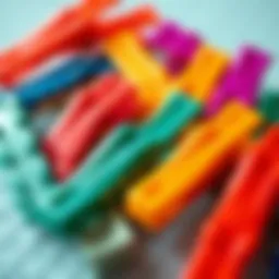 A collection of colorful alligator clips arranged aesthetically