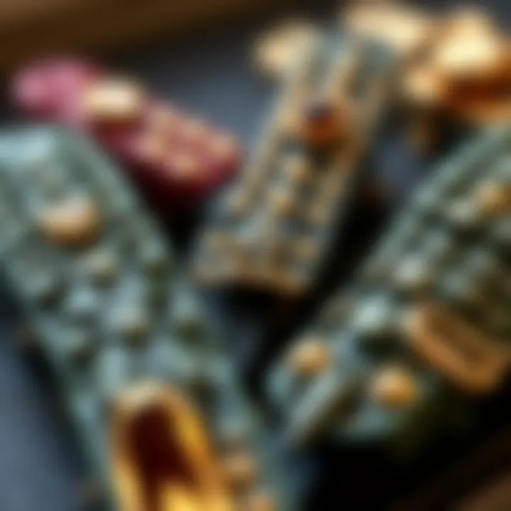 A close-up of unique alligator clip designs highlighting craftsmanship