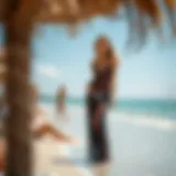 Elegant fishnet swim coverup styled at the beach