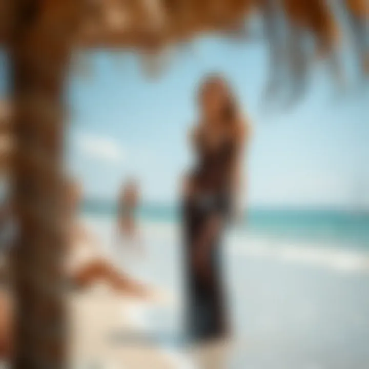 Elegant fishnet swim coverup styled at the beach