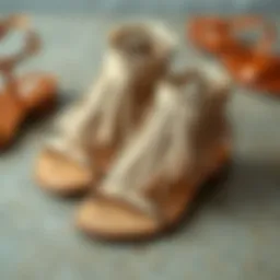 Elegant fringe sandals displayed on a textured surface