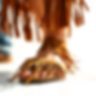 Intricate Fringe Detailing Close-up of detailed fringe design on sandals against a bright background