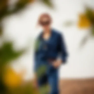 A model pairing a navy blouse with chic accessories and bottoms