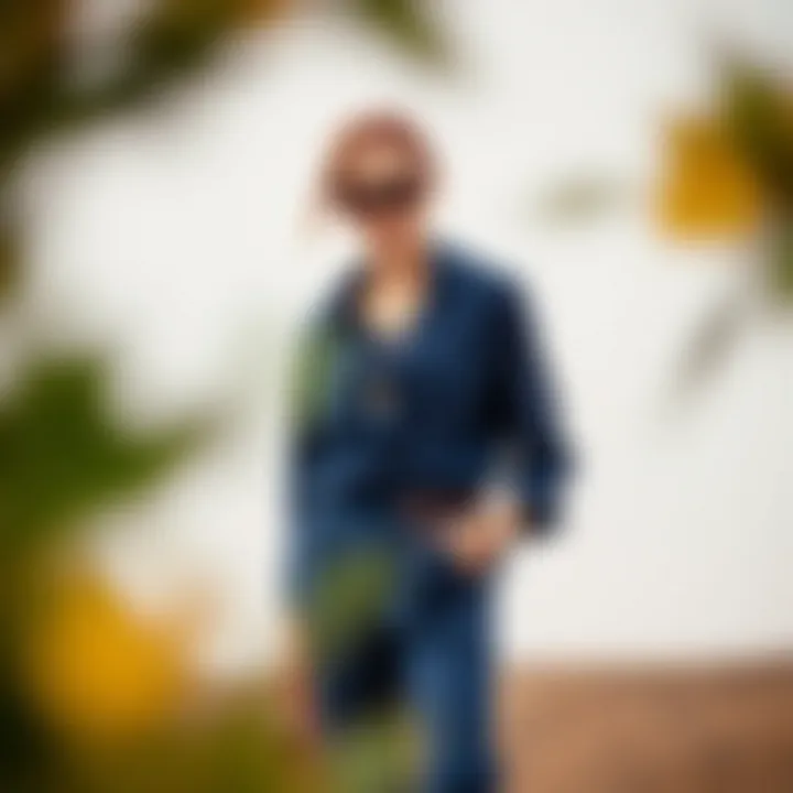 A model pairing a navy blouse with chic accessories and bottoms