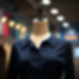 A stylish navy blouse with unique detailing on a mannequin