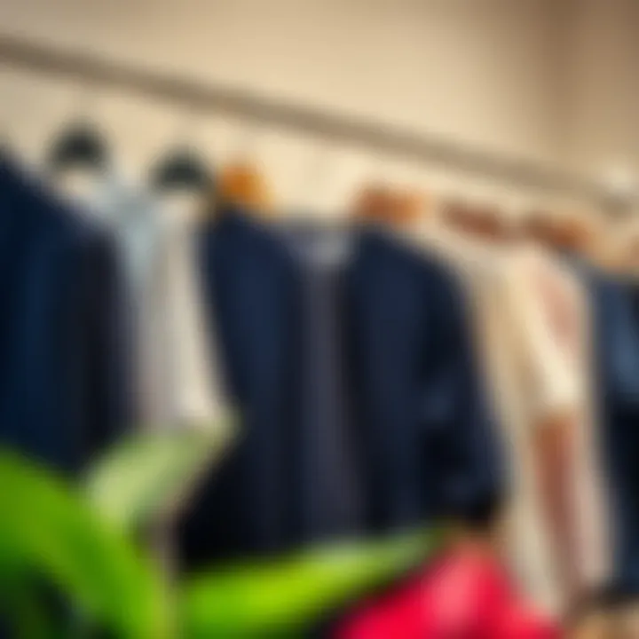 Various navy blouses displayed on hangers showcasing different styles