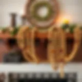 A beautifully arranged large wood bead garland draped over a rustic mantel