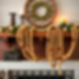 A beautifully arranged large wood bead garland draped over a rustic mantel