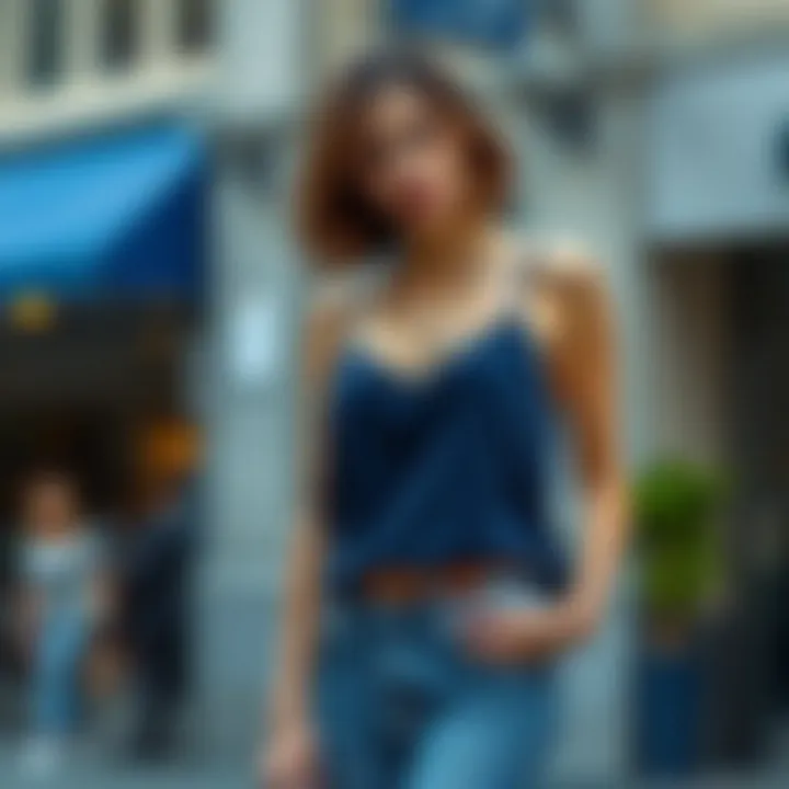 Casual outfit featuring a navy blue camisole with jeans