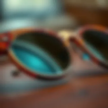 A close-up of intricate detailing on a pair of retro sunglasses highlighting craftsmanship.