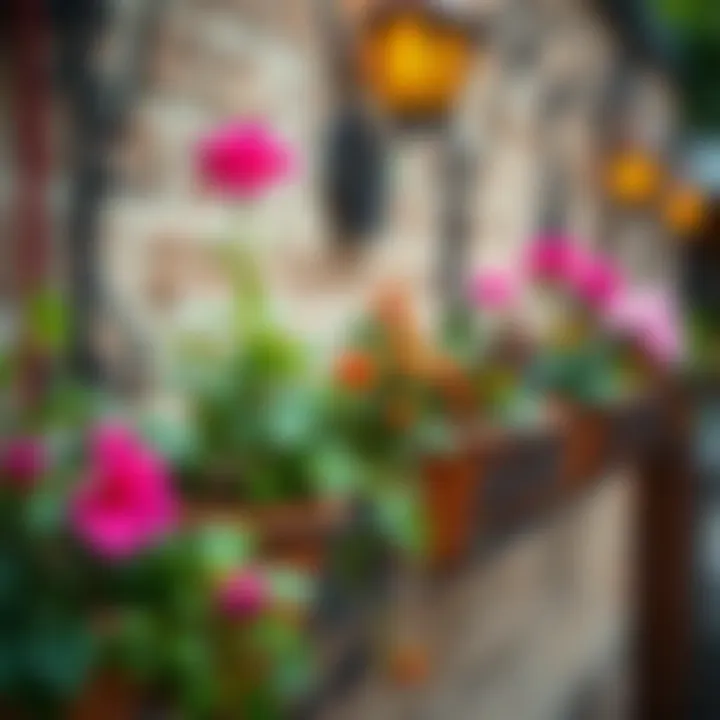 Close-up of detailed craftsmanship in wrought iron wall planters