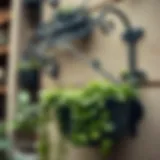 Intricate wrought iron wall hanging planter with cascading greenery