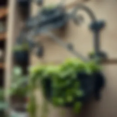 Intricate wrought iron wall hanging planter with cascading greenery