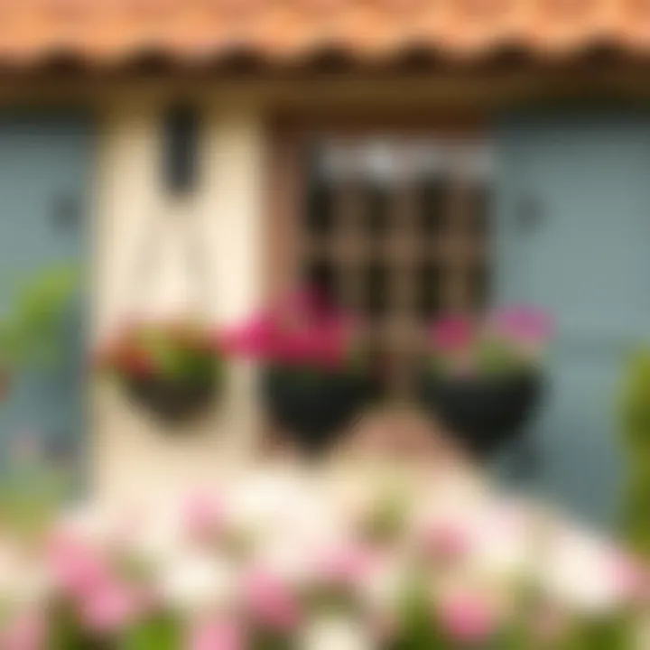 Charming outdoor setting featuring wrought iron wall hanging planters