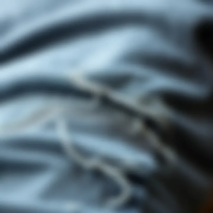 Close-up of the fabric texture and distressing details of grey jeans