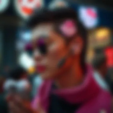 Hello Kitty Earbuds in Fashion A stylish individual showcasing Hello Kitty earbuds in a fashionable setting