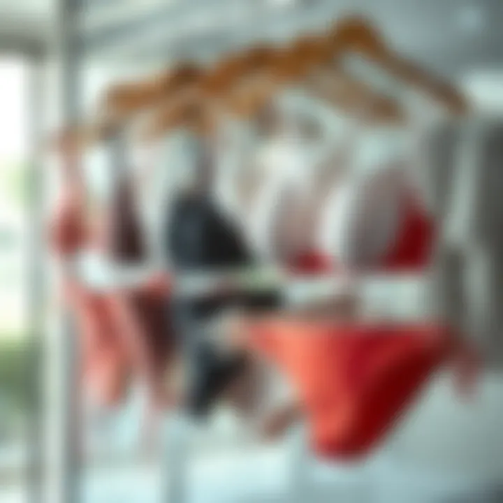 Fashionable variations of high rise high cut bikinis displayed on hangers