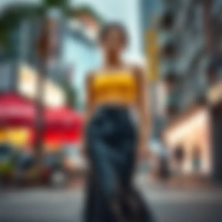 A high-waisted skirt elegantly paired with a crop top in a vibrant urban setting