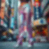 Stylish holographic pants displayed in a vibrant urban setting