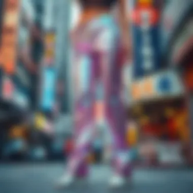 Urban Chic with Holographic Pants Stylish holographic pants displayed in a vibrant urban setting