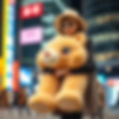 Stylish outfit incorporating a kawaii giant plush as an accessory