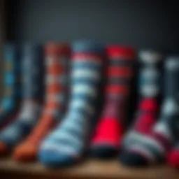 A collection of long tube socks in various patterns and colors