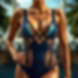 A stylish mesh insert swimsuit showcasing intricate design and vibrant colors.