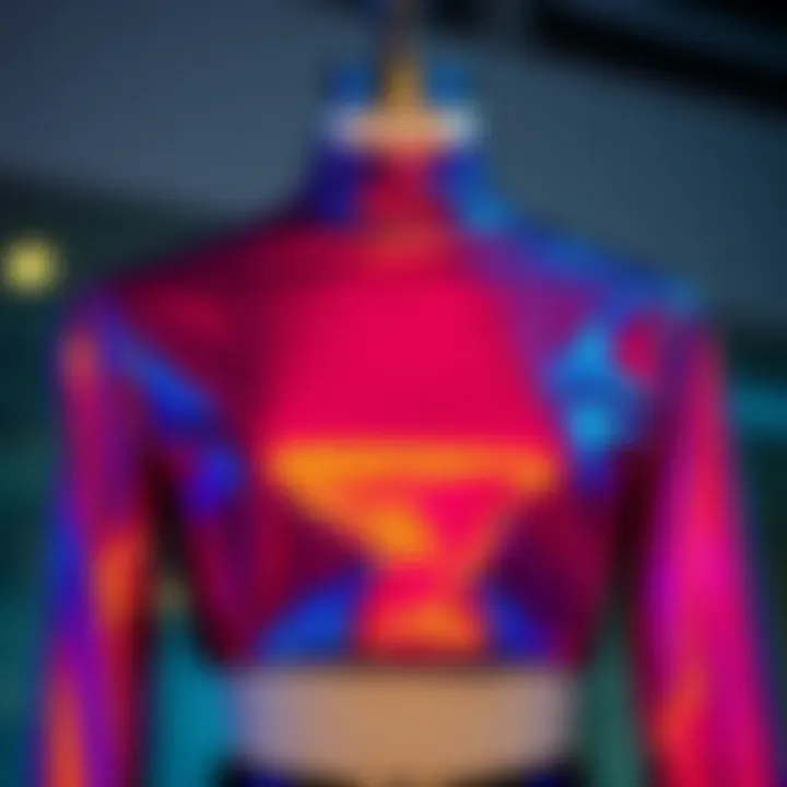 A vibrant metallic rave top on a mannequin showcasing its unique texture