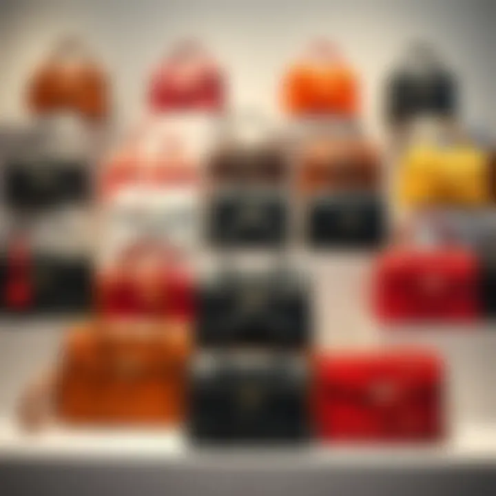 Various mini double handle satchel bags in different colors and materials displayed elegantly