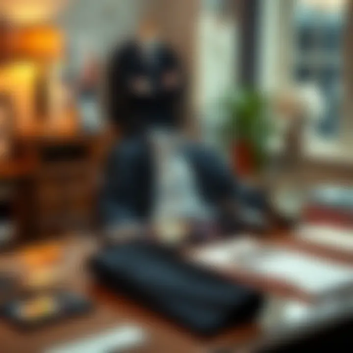 An elegant workspace featuring stylish clothing laid out on a desk.