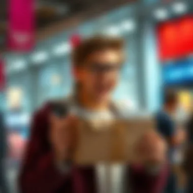 A consumer excitedly receiving a package of clothing samples.