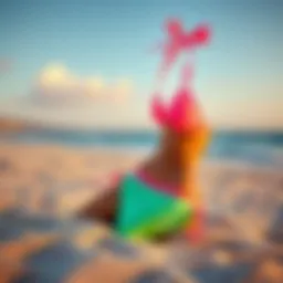 A vibrant neon colorblock bikini on a sandy beach
