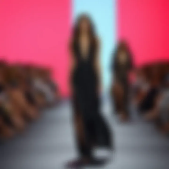 Fashion-forward front-slit pants in a runway setting