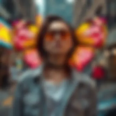 Urban Fashion with Butterfly Wings A stylish individual wearing rave butterfly wings in an urban setting