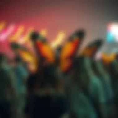Festival Atmosphere with Rave Butterfly Wings An outdoor festival scene featuring attendees adorned with butterfly wings