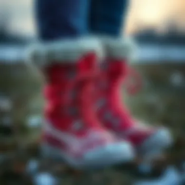 Close-up of red snow boots showcasing insulation and material