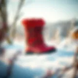 Stylish red snow boots on a snowy background