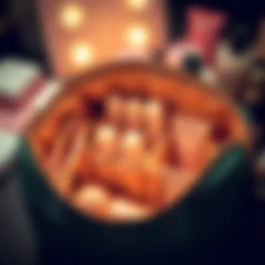 Organized interior of a soft makeup bag displaying compartments