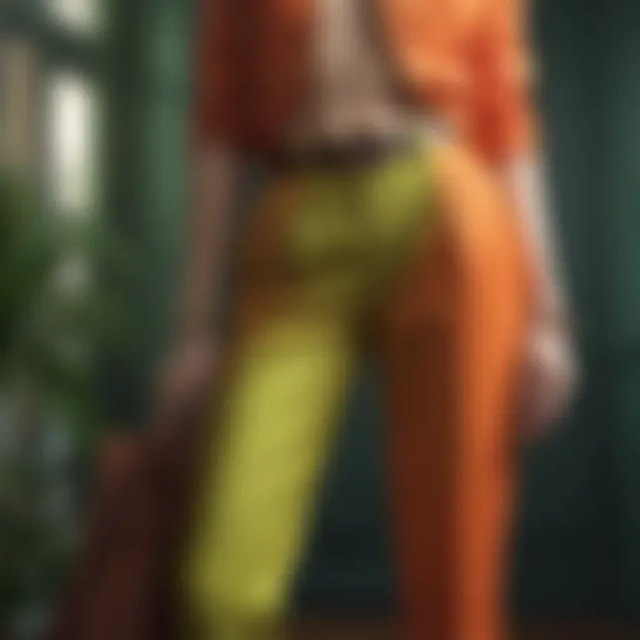 Colorful trousers displayed in a fashionable setting