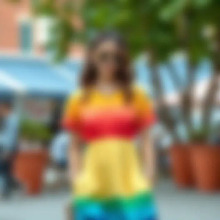 Stylish Rainbow Casual Dress with Accessories A well-styled rainbow casual dress paired with accessories in an outdoor setting.