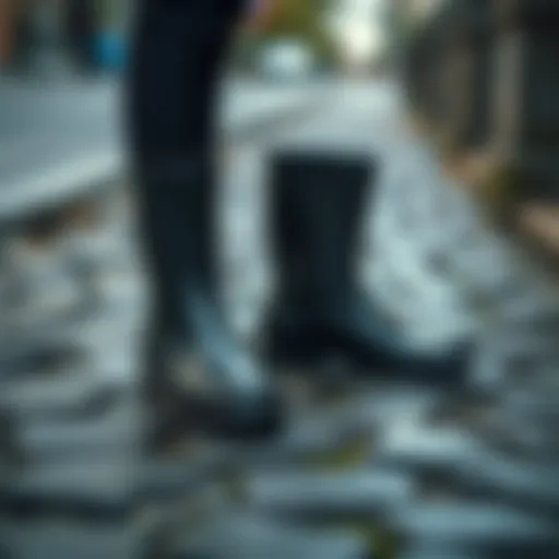A pair of elegant rain boots on a cobblestone path