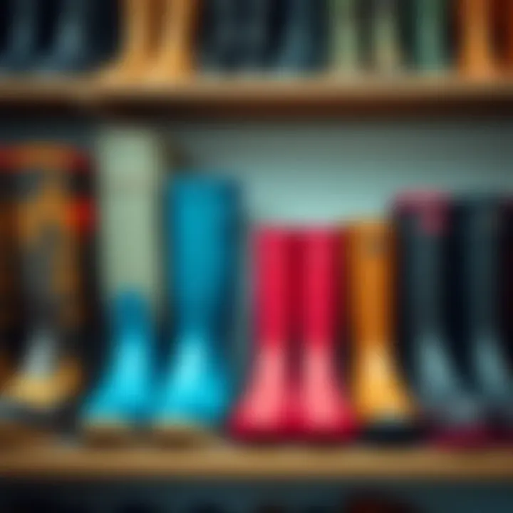 Versatile Collection of Rain Boots A collection of versatile rain boots displayed on a shelf