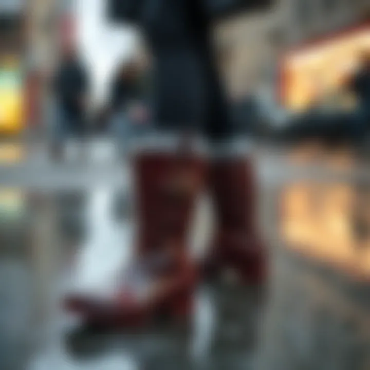 Fashionable Rain Boots with Casual Attire Fashionable rain boots paired with casual attire in rainy weather